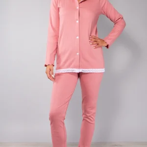 Pigiama aperto in caldo cotone a coste - ROSA ANTICO - FE13