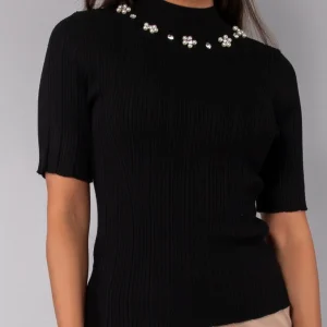 Maglia manica corta con perle e strass - NERO - PI53