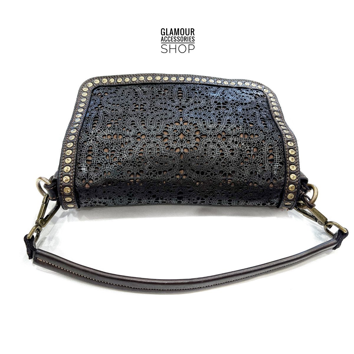 Borsa  MADE IN ITALY donna patta frontale vera pelle lavata vintage laserata borchiata Ester - immagine 9