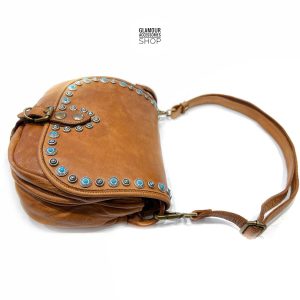 BORSA artigianale donna vera pelle patta borchiata MADE IN ITALY turchese