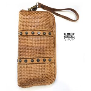 PORTAFOGLIO donna vera pelle intrecciata e borchiato MADE IN ITALY